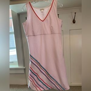 Garnet Hill Seersucker Sleeveless Pink & White dress with ribbon deco. Size 10.